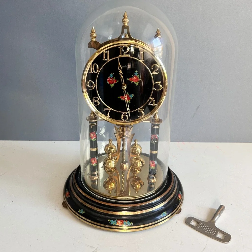 VTG Kieninger & Obergfell Anniversary 400 Day Clock Dome‎ Floral Black Germany